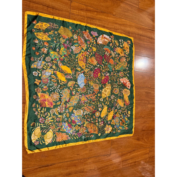 Hermès Accessories - Women's Hermès Fleurs et Papillons de Tissus Silk Scarf One Size Green Yellow